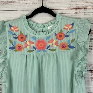 Women's NWOT Blue Pepper Green Embroidered Ruffle Sleeveless Boho Anthro Top L